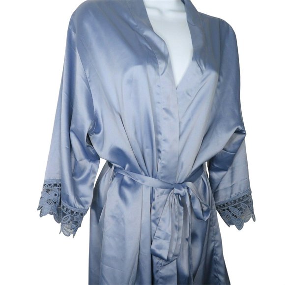 Vintage Blue Satin Dressing Bath Robe One Size Wide Lace Trim Knee Length Belted - Picture 8 of 12